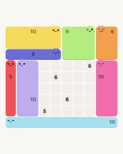 MeowBlock Level 168 after step 8, placing the 10-cell rectangular block at the lower-left area