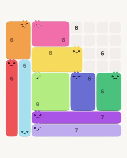 MeowBlock Level 169 after step 10, placing the 8-cell rectangular block at the middle center