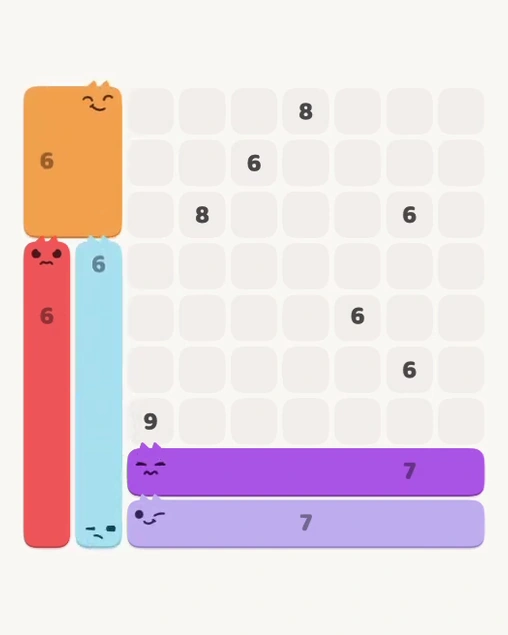 MeowBlock Level 169 after step 5, placing the 6-cell vertical block at the lower-left area