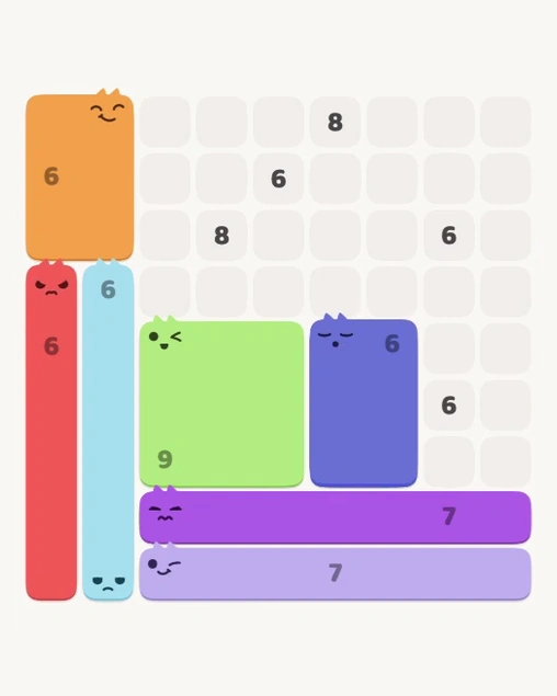MeowBlock Level 169 after step 7, placing the 6-cell rectangular block at the lower-right area