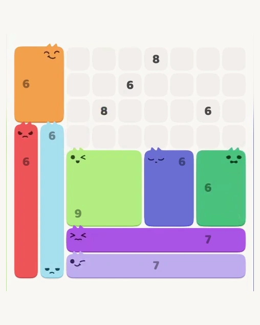 MeowBlock Level 169 after step 8, placing the 6-cell rectangular block at the lower-right area