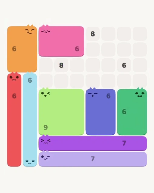 MeowBlock Level 169 after step 9, placing the 6-cell rectangular block at the upper center