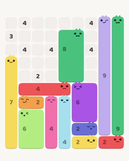 MeowBlock Level 17 after step 13, placing the 8-cell rectangular block at the middle center
