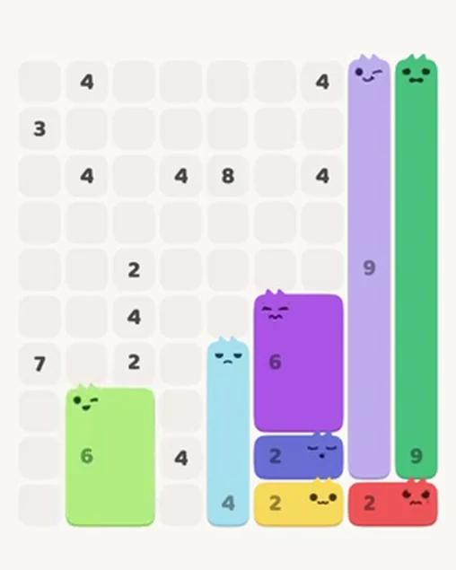 MeowBlock Level 17 after step 8, placing the 6-cell rectangular block at the lower-left area