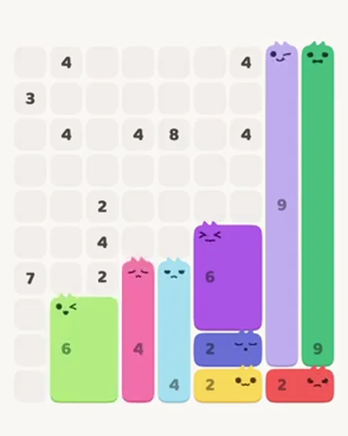 MeowBlock Level 17 after step 9, placing the 4-cell vertical block at the lower center
