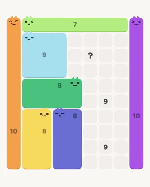 MeowBlock Level 170 after step 7, placing the 8-cell rectangular block at the lower center