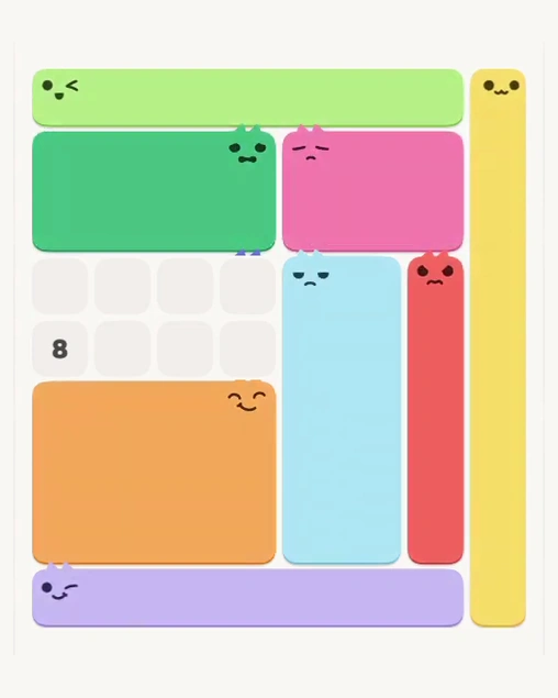 MeowBlock Level 173 after step 8, placing the 8-cell rectangular block at the upper-left area