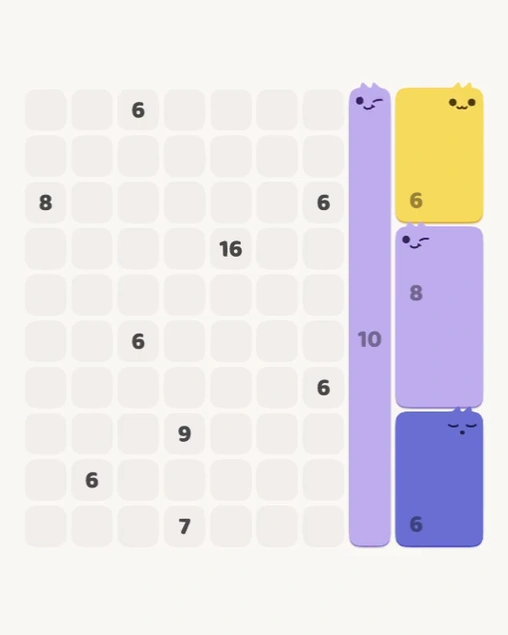MeowBlock Level 175 after step 4, placing the 6-cell rectangular block at the upper-right area