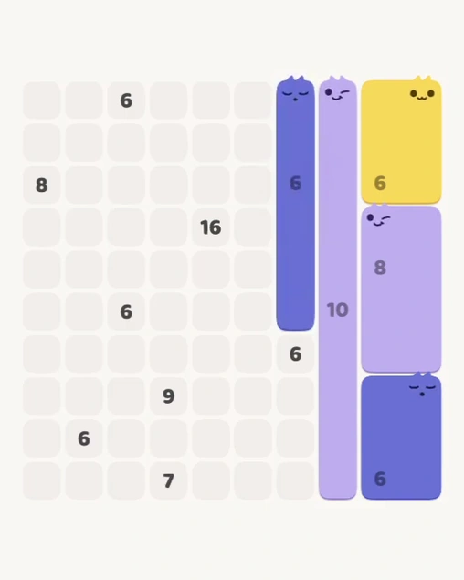 MeowBlock Level 175 after step 5, placing the 6-cell vertical block at the middle-right area