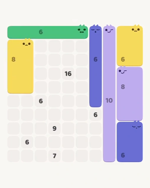 MeowBlock Level 175 after step 7, placing the 8-cell rectangular block at the middle-left area