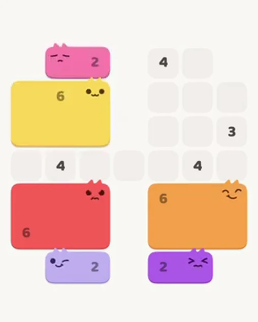 MeowBlock Level 18 after step 6, placing the 2-cell horizontal block at the upper center