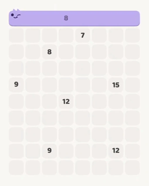 MeowBlock Level 180 after step 1, placing the 8-cell horizontal block at the upper center