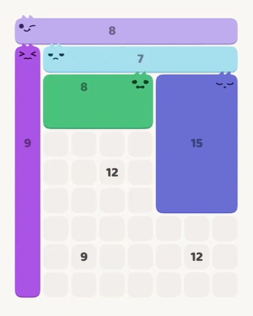MeowBlock Level 180 after step 5, placing the 8-cell rectangular block at the middle center