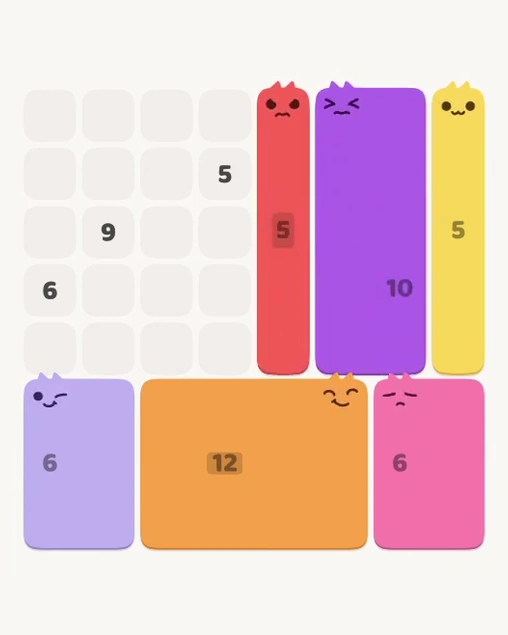 MeowBlock Level 181 after step 6, placing the 5-cell vertical block at the middle center