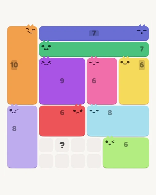 MeowBlock Level 182 after step 10, placing the 6-cell rectangular block at the lower center