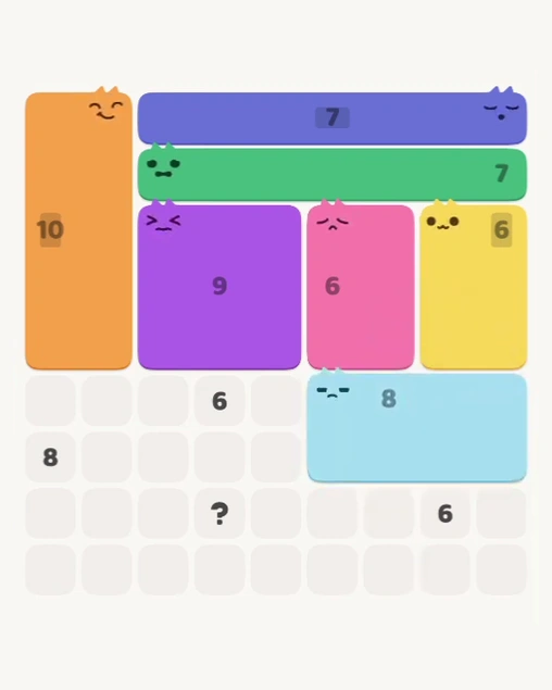 MeowBlock Level 182 after step 7, placing the 8-cell rectangular block at the lower-right area