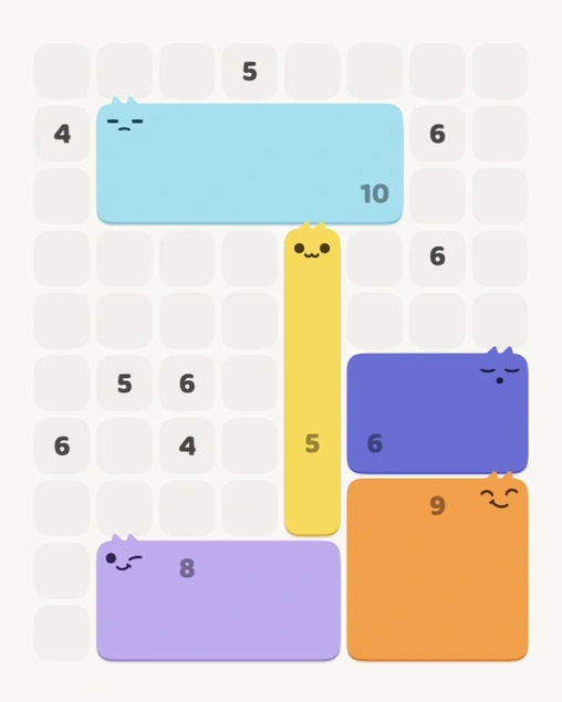 MeowBlock Level 183 after step 5, placing the 10-cell rectangular block at the upper center
