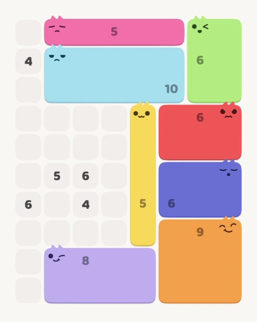 MeowBlock Level 183 after step 8, placing the 6-cell rectangular block at the middle-right area