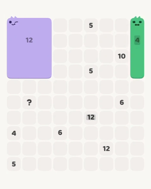 MeowBlock Level 184 after step 2, placing the 4-cell vertical block at the upper-right area