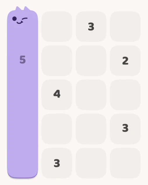 MeowBlock Level 2 after step 1, placing the 5-cell vertical block at the middle-left area