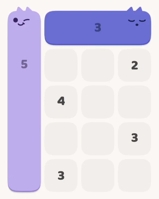 MeowBlock Level 2 after step 2, placing the 3-cell horizontal block at the upper-right area