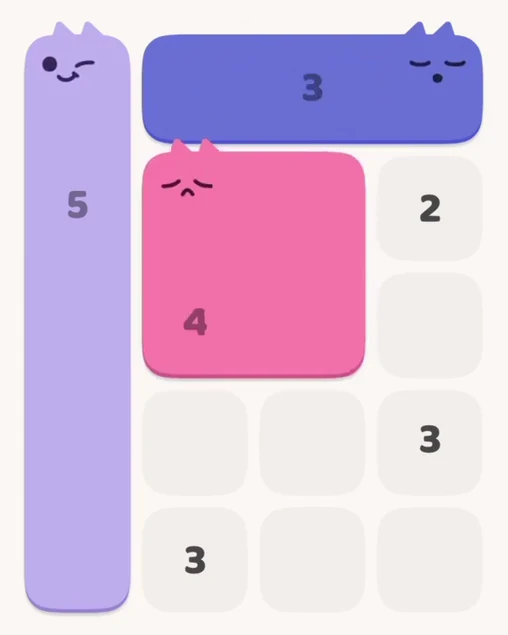 MeowBlock Level 2 after step 3, placing the 4-cell square block at the middle center