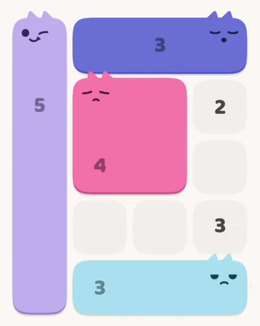 MeowBlock Level 2 after step 4, placing the 3-cell horizontal block at the lower-right area