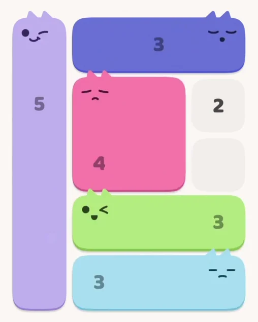 MeowBlock Level 2 after step 5, placing the 3-cell horizontal block at the lower-right area