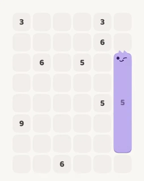 MeowBlock Level 21 after step 1, placing the 5-cell vertical block at the middle-right area