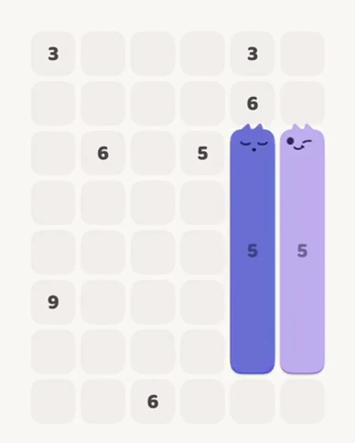MeowBlock Level 21 after step 2, placing the 5-cell vertical block at the middle-right area
