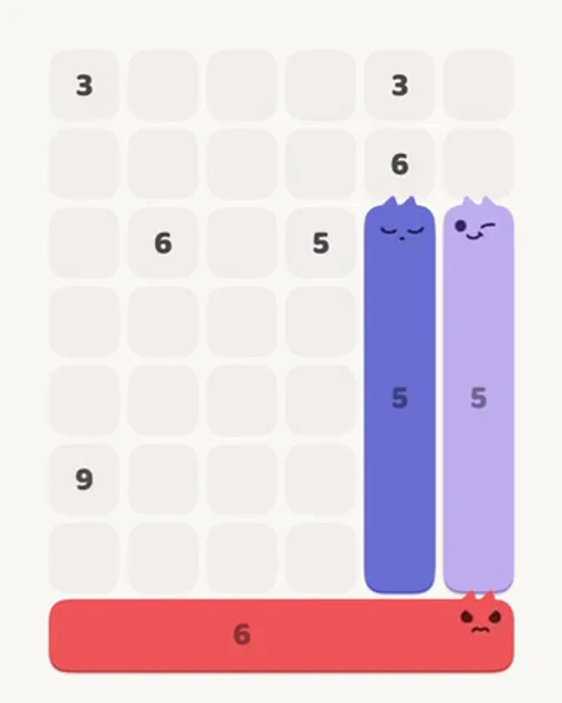MeowBlock Level 21 after step 3, placing the 6-cell horizontal block at the lower center