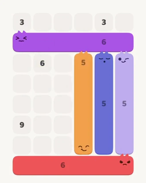 MeowBlock Level 21 after step 5, placing the 5-cell vertical block at the middle-right area