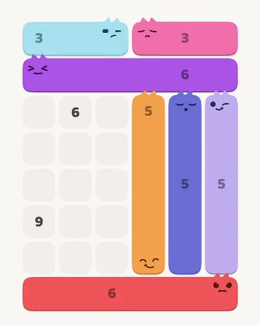 MeowBlock Level 21 after step 7, placing the 3-cell horizontal block at the upper-left area