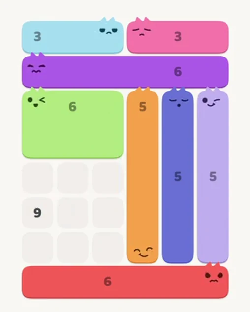 MeowBlock Level 21 after step 8, placing the 6-cell rectangular block at the middle-left area