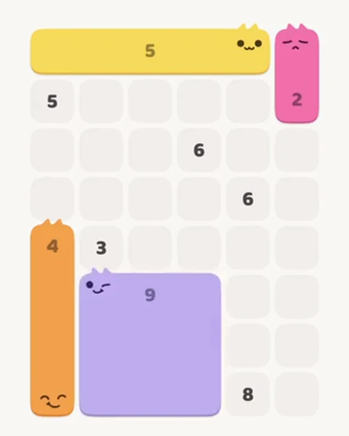 MeowBlock Level 22 after step 4, placing the 9-cell square block at the lower center