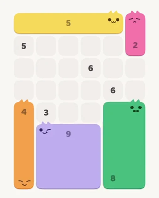 MeowBlock Level 22 after step 5, placing the 8-cell rectangular block at the lower-right area