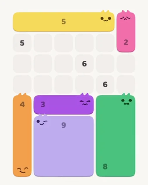 MeowBlock Level 22 after step 6, placing the 3-cell horizontal block at the middle center