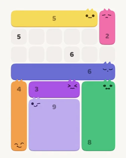 MeowBlock Level 22 after step 7, placing the 6-cell horizontal block at the middle center