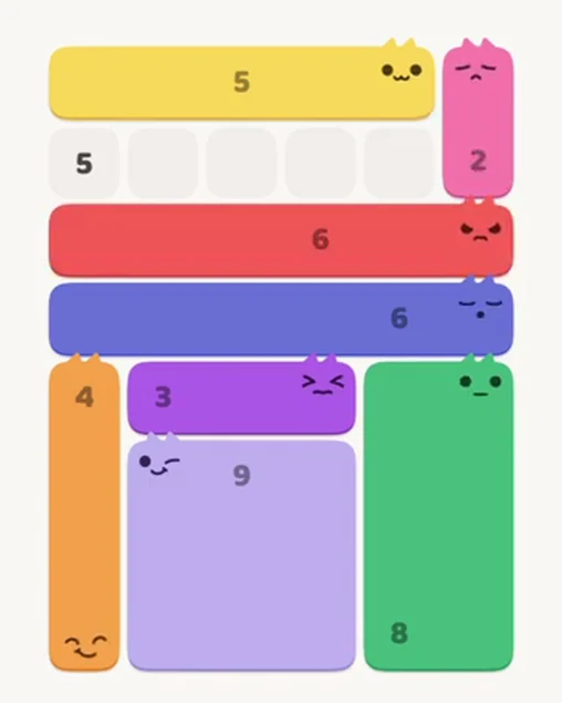 MeowBlock Level 22 after step 8, placing the 6-cell horizontal block at the middle center