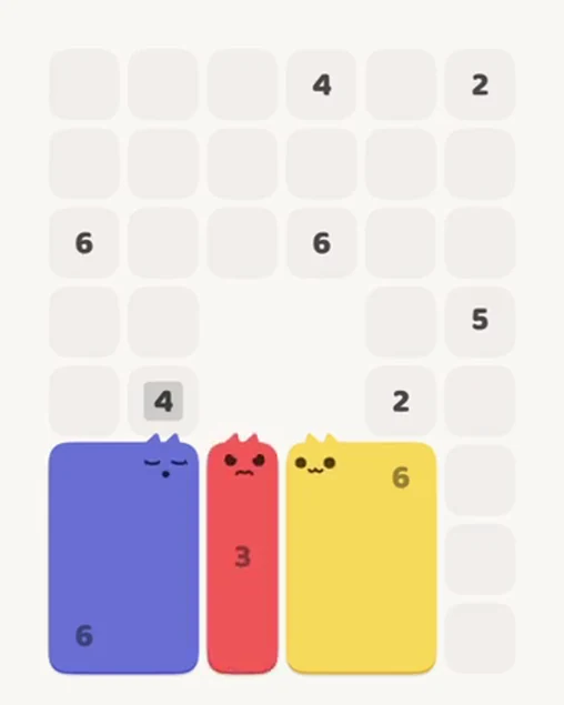 MeowBlock Level 23 after step 3, placing the 3-cell vertical block at the lower center