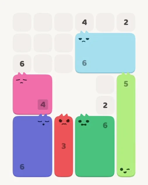 MeowBlock Level 23 after step 6, placing the 5-cell vertical block at the lower-right area