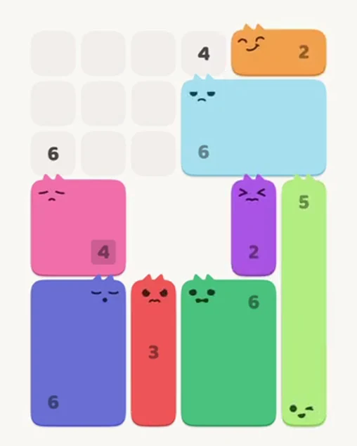 MeowBlock Level 23 after step 8, placing the 2-cell horizontal block at the upper-right area