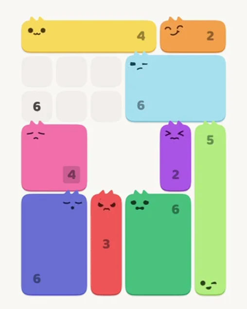 MeowBlock Level 23 after step 9, placing the 4-cell horizontal block at the upper center