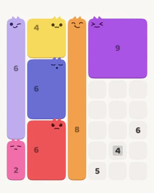 MeowBlock Level 24 after step 7, placing the 4-cell square block at the upper center