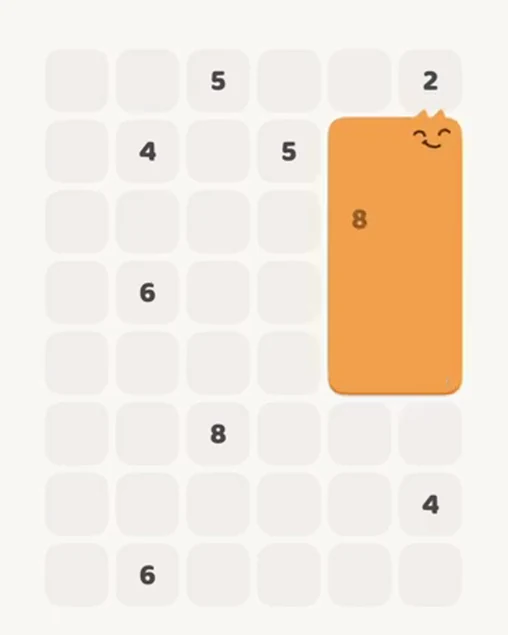 MeowBlock Level 25 after step 1, placing the 8-cell rectangular block at the middle-right area