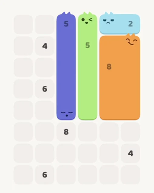 MeowBlock Level 25 after step 4, placing the 5-cell vertical block at the middle center