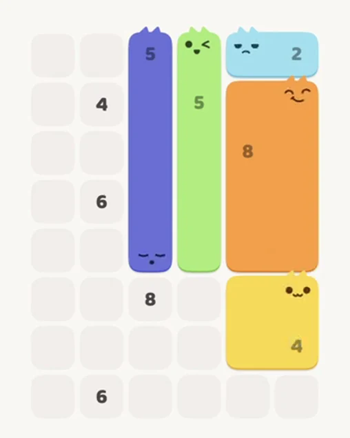 MeowBlock Level 25 after step 5, placing the 4-cell square block at the lower-right area