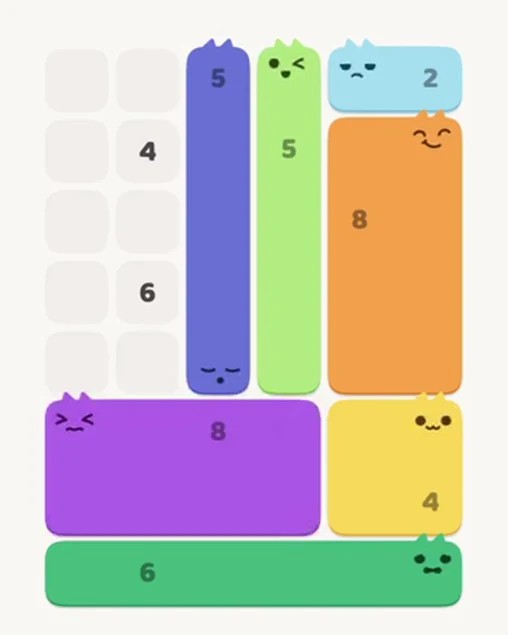 MeowBlock Level 25 after step 7, placing the 8-cell rectangular block at the lower center