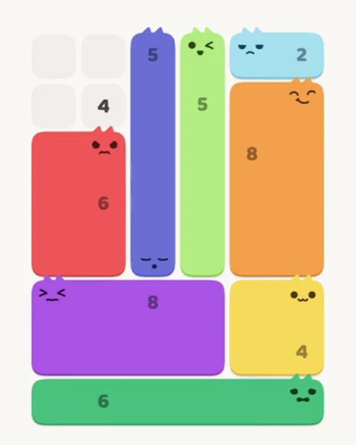MeowBlock Level 25 after step 8, placing the 6-cell rectangular block at the middle-left area