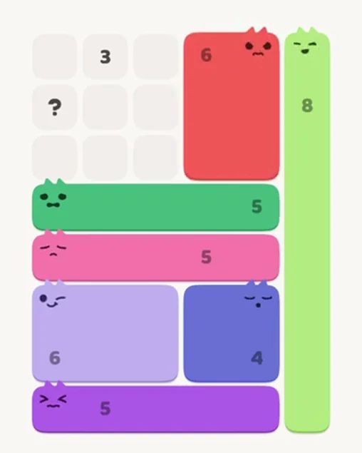 MeowBlock Level 26 after step 7, placing the 6-cell rectangular block at the upper-right area